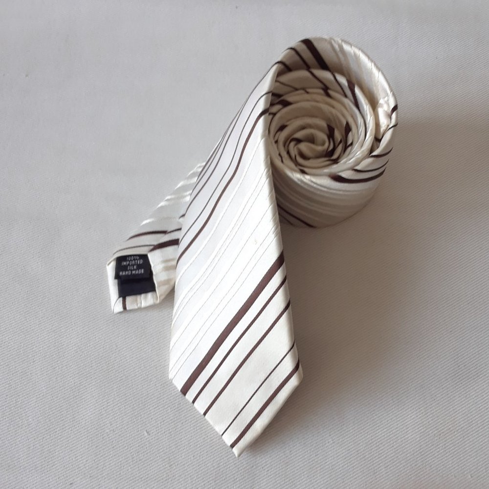 Jerry Garcia. Slim Striped Silk Tie. Off-White & Brown